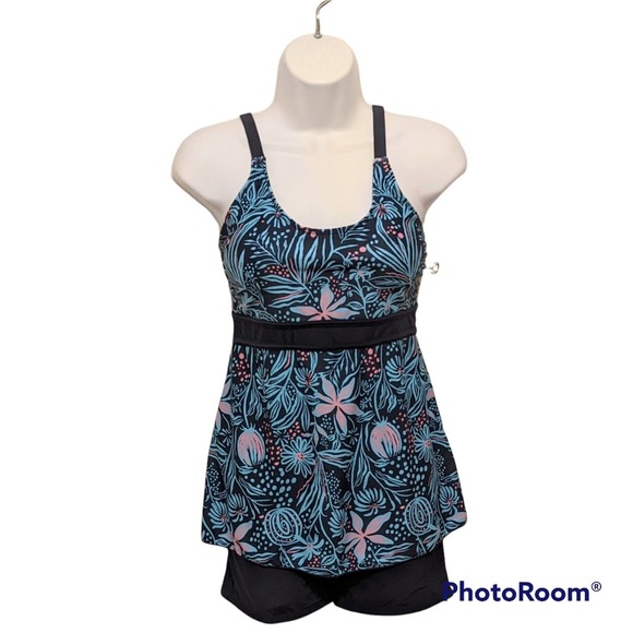 Two Piece Flared Swimsuit with Boy Short Bottoms Turquoise and Navy Size M NWOT - Picture 1 of 4